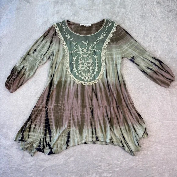 Nature Art Women's Top XL Green‎ Purple Tie Dye Boho Embroidered Tunic Blouse - Picture 6 of 7